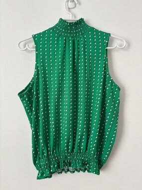 Melanie Lyne Green Smocked High Neck Sleeveless Blouse Geometric Print Size M